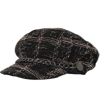 Kaszkiet Damski K291I Polar Fashion – Czarna Tweedowa Krata z Łańcuszkiem - 5