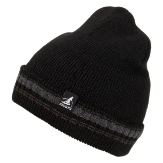 Ciepła Czapka Męska W457B Beanie Czarna z Brązowym Paskiem - 2