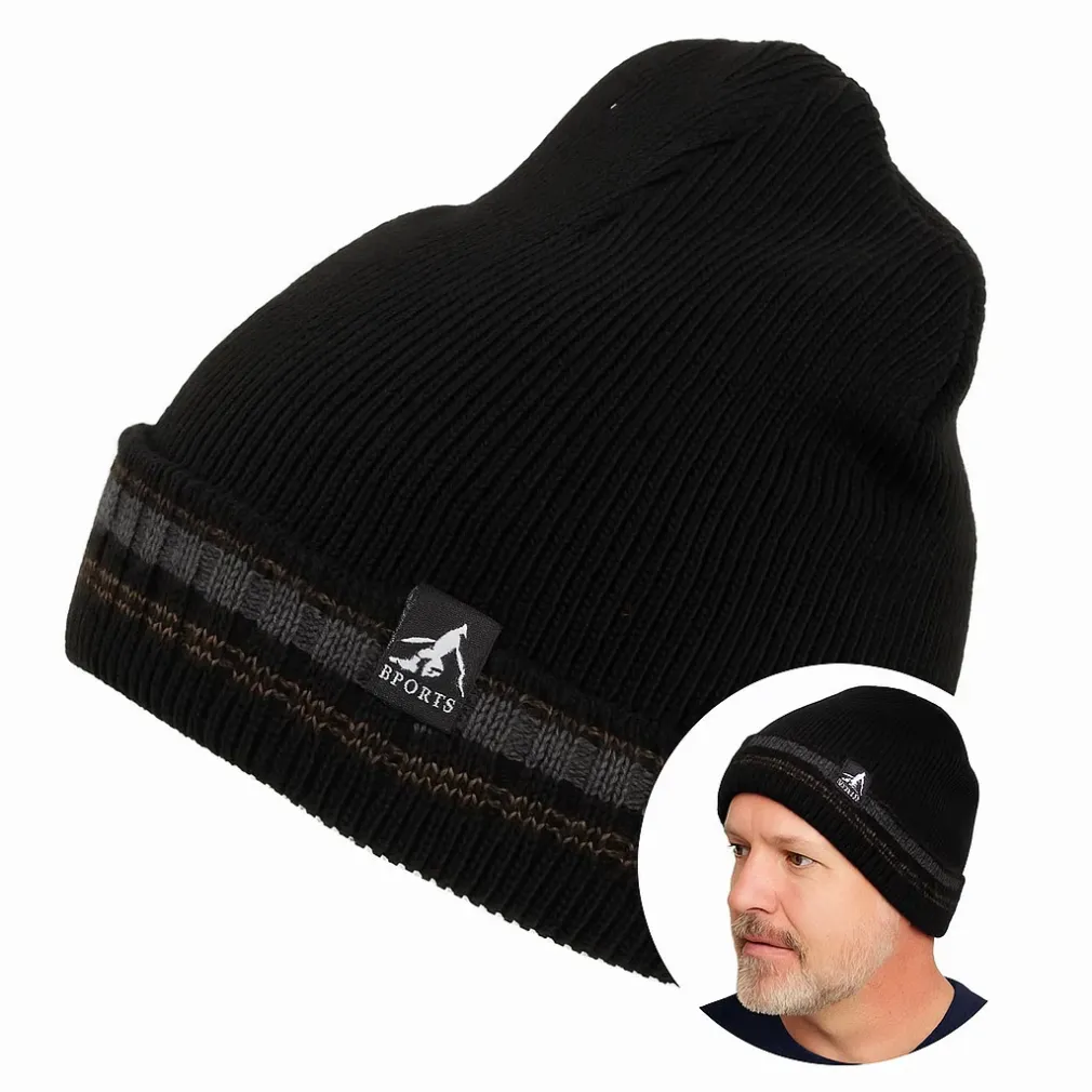 Ciepła Czapka Męska W457B Beanie Czarna z Brązowym Paskiem