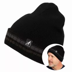 Ciepła Czapka Męska W457B Beanie Czarna z Brązowym Paskiem