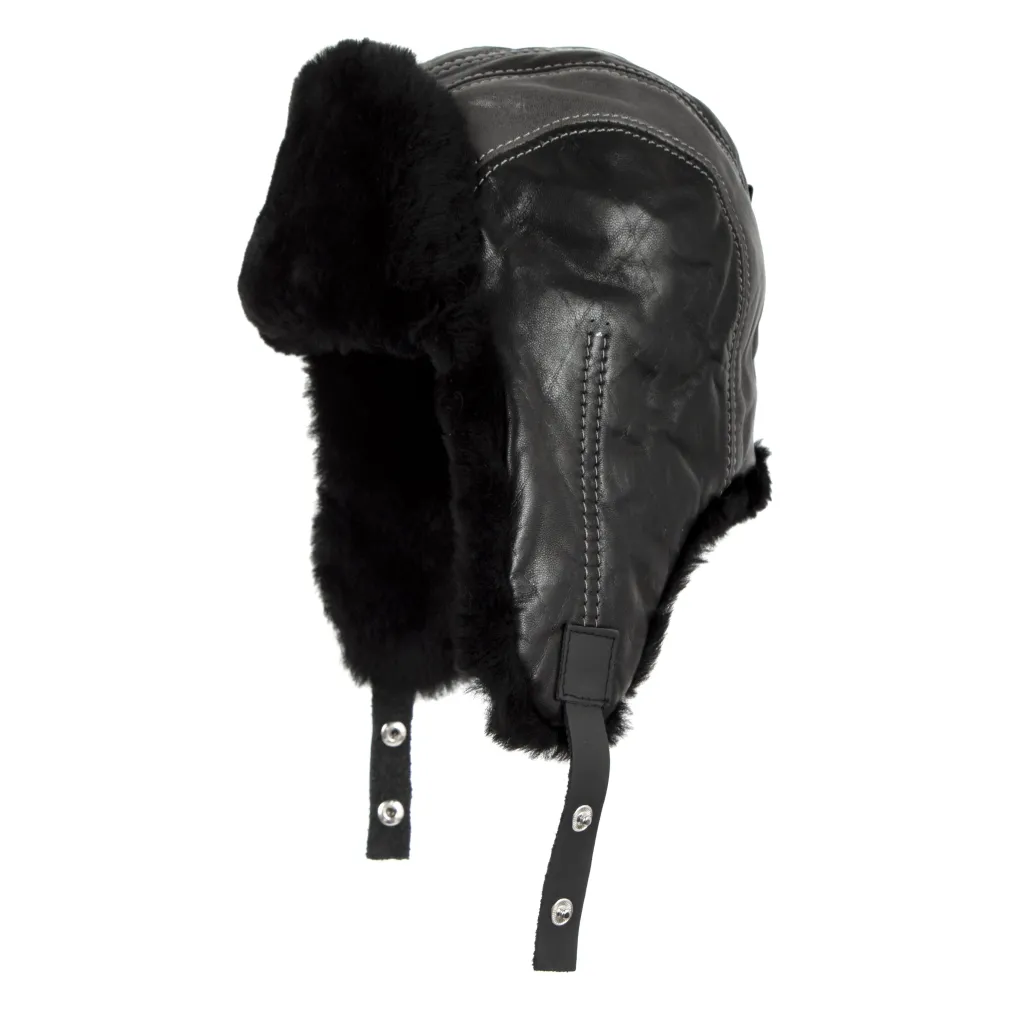 W448E Winter Long-Eared Pilot Hat Made Of Natural Leather