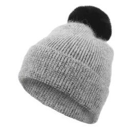 W372E Black Polar Fashion Winter Hat With Fashionable Cashmere Pompon And Eco Fur