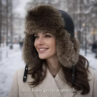 Czapka zimowa skórzana ocieplana z naturalnym futrem lisa UNISEX W529B Polar Fashion - 6
