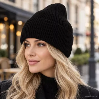Zimowa Czapka damska beanie czarna wiskoza wywijana Polar Fashion W535E - 3