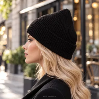 Zimowa Czapka damska beanie czarna wiskoza wywijana Polar Fashion W535E - 4