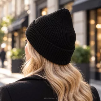 Zimowa Czapka damska beanie czarna wiskoza wywijana Polar Fashion W535E - 5