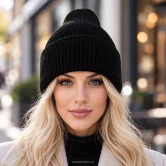 Zimowa Czapka damska beanie czarna wiskoza wywijana Polar Fashion W535E - 2