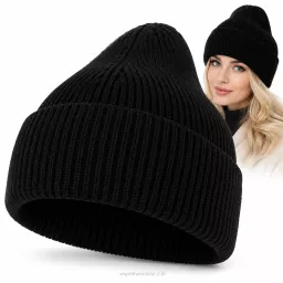 Zimowa Czapka damska beanie czarna wiskoza wywijana Polar Fashion W535E