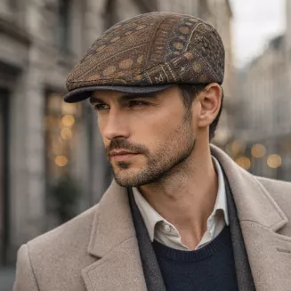 Kaszkiet męski flat cap bawełniany brązowy etno wzorzysty wiosna lato K307C - 5