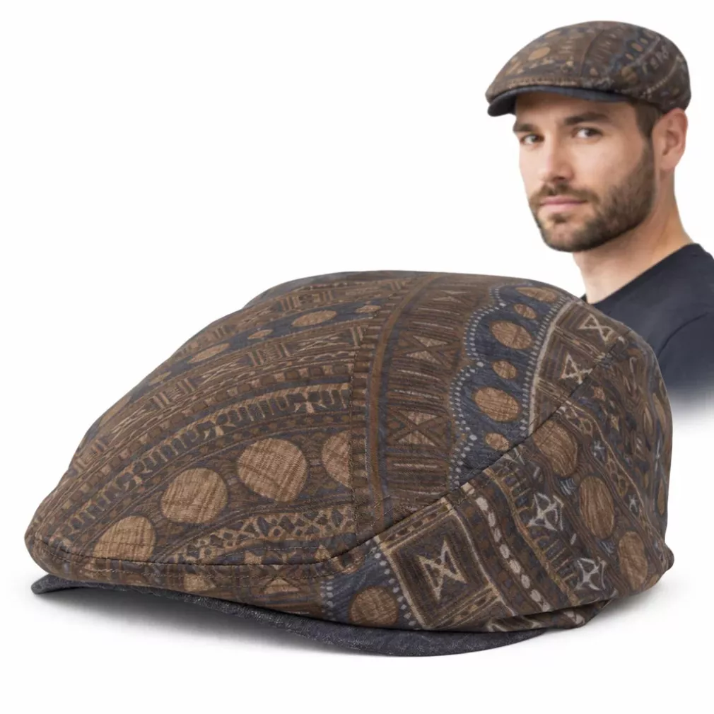 Kaszkiet męski flat cap bawełniany brązowy etno wzorzysty wiosna lato K307C