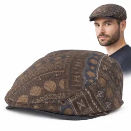 Kaszkiet męski flat cap bawełniany brązowy etno wzorzysty wiosna lato K307C