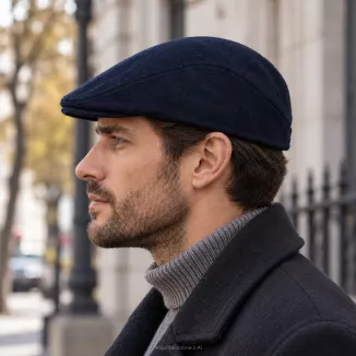 Kaszkiet Męski Zimowy Ciemny Granat Ocieplany z Wełną Flat Cap K318B Polar Fashion - 3