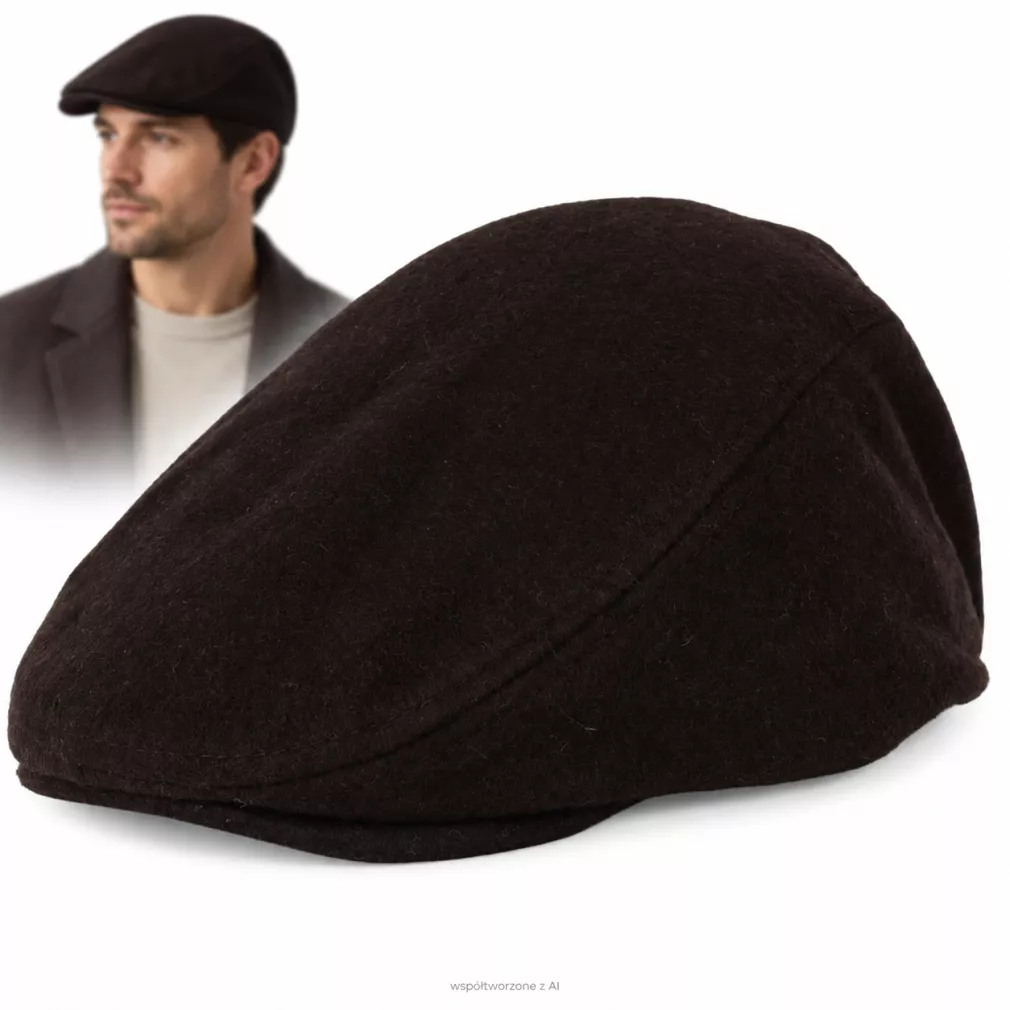 Kaszkiet Męski Ocieplany z Wełną Ciemny Brąz Flat Cap K318A Polar Fashion