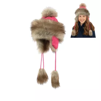 Dziewczęca czapka zimowa W210C malinowa ciepła uszatka mongołka z futerkiem - 6