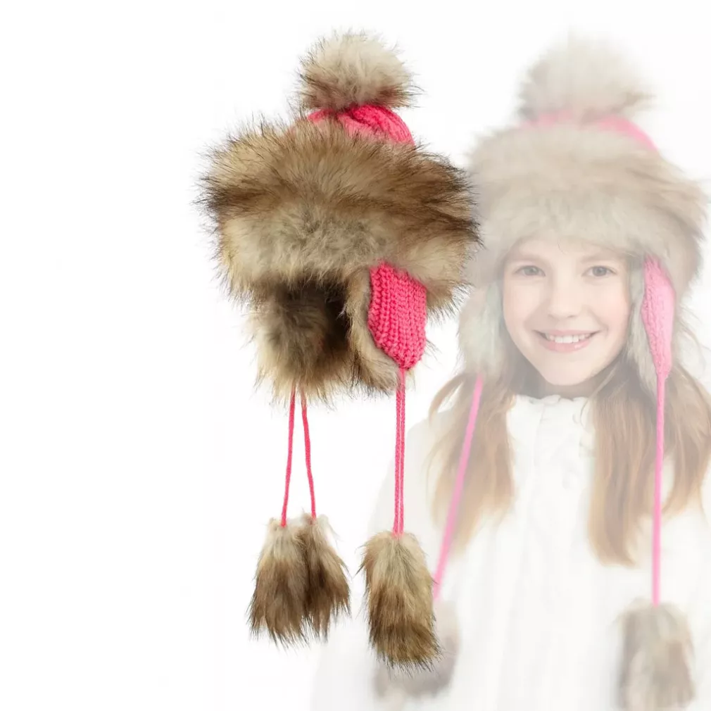 Dziewczęca czapka zimowa W210C malinowa ciepła uszatka mongołka z futerkiem