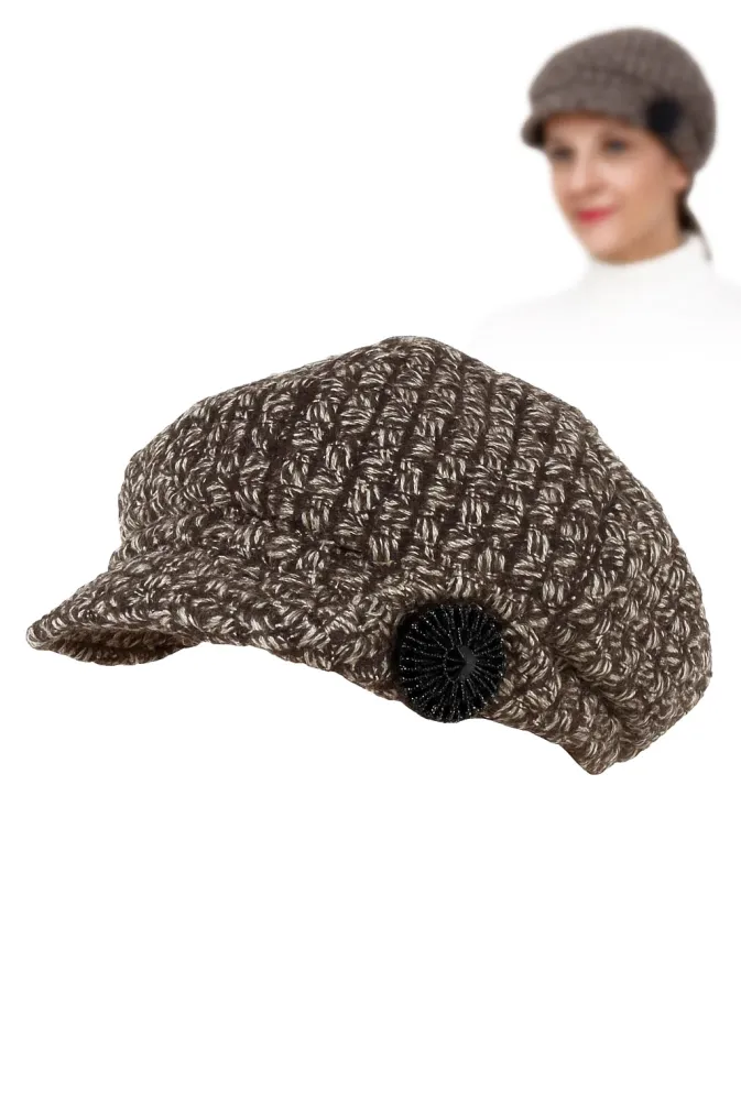 Polar Fashion K73C  Elegancki Kaszkiet Damski Brązowy, Ocieplany