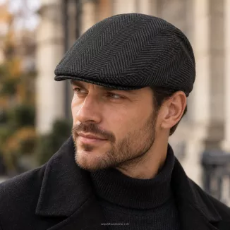 Kaszkiet Męski Zimowy Zielono-Grafitowy Jodełka z Wełną Flat Cap K318D - 2