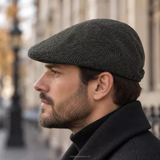Kaszkiet Męski Zimowy Zielono-Grafitowy Jodełka z Wełną Flat Cap K318D - 3