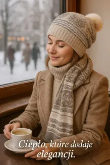 Damski Komplet Zimowy Czapka z Pomponem i Szalik Beżowy W322EK Polar Fashion - 6