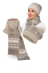 W322Ek Beige Polar Fashion Set Knitted Winter Hat Pompon Scarf Beanie Long Snowflake Theme