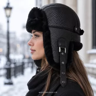 Czarna Czapka Zimowa Skórzana Pilotka Uszatka Unisex Ocieplana Futrem W533K - 5