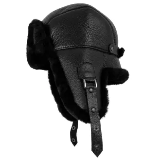 Czarna Czapka Zimowa Skórzana Pilotka Uszatka Unisex Ocieplana Futrem W533K - 7