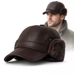 Brązowa skórzana czapka zimowa z osłoną uszu i karku K292A Polar Fashion