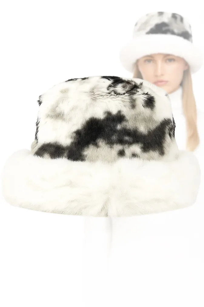 Modna Futrzana Czapka Zimowa Bucket Hat Biało-Szara Polar Fashion W517A