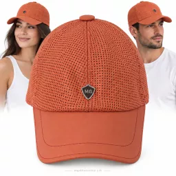 Czapka z Daszkiem Bejsbolówka Skórzana Pomarańczowa Perforowana Unisex K319B