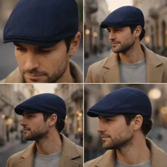 Kaszkiet męski granatowy lniany flat cap lekki na lato Polar Fashion K309Ł - 7