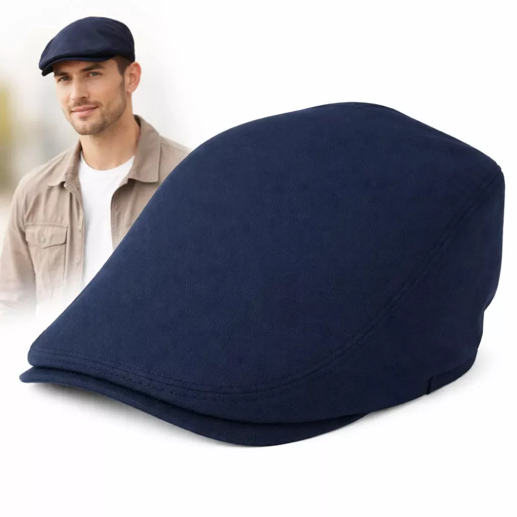 Kaszkiet męski granatowy lniany flat cap lekki na lato Polar Fashion K309Ł