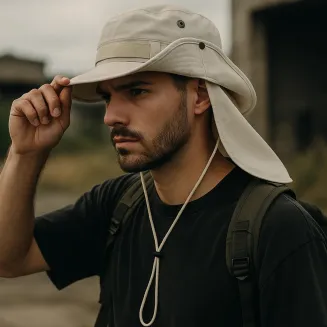 Kapelusz R243A Jasnobeżowy z Osłoną Karku  Wojskowy Styl Polar Fashion - 6