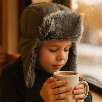 Ciepła czapka uszatka dziecięca W232C zielono-czarna zimowa Pilotka - 3