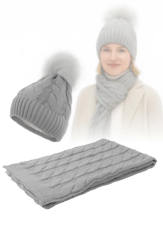 Modny Szary Komplet Damski Zimowy W363CK – Czapka i Szalik Polar Fashion