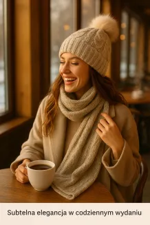 Damski Komplet Zimowy Beżowy W362AK Czapka Ocieplana Futerkiem + Szalik Polar Fashion - 7