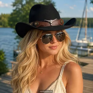 CZARNY KAPELUSZ KOWBOJSKI WESTERN + OKULARY PILOTKI ZESTAW UNISEX R260H - 2