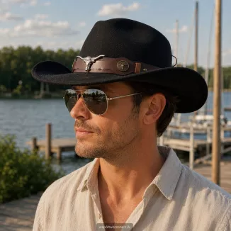 CZARNY KAPELUSZ KOWBOJSKI WESTERN + OKULARY PILOTKI ZESTAW UNISEX R260H - 8