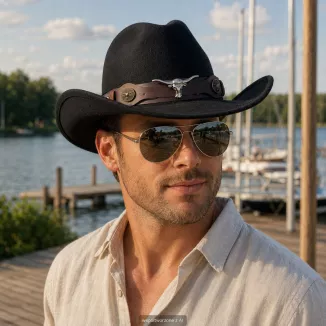 CZARNY KAPELUSZ KOWBOJSKI WESTERN + OKULARY PILOTKI ZESTAW UNISEX R260H - 3