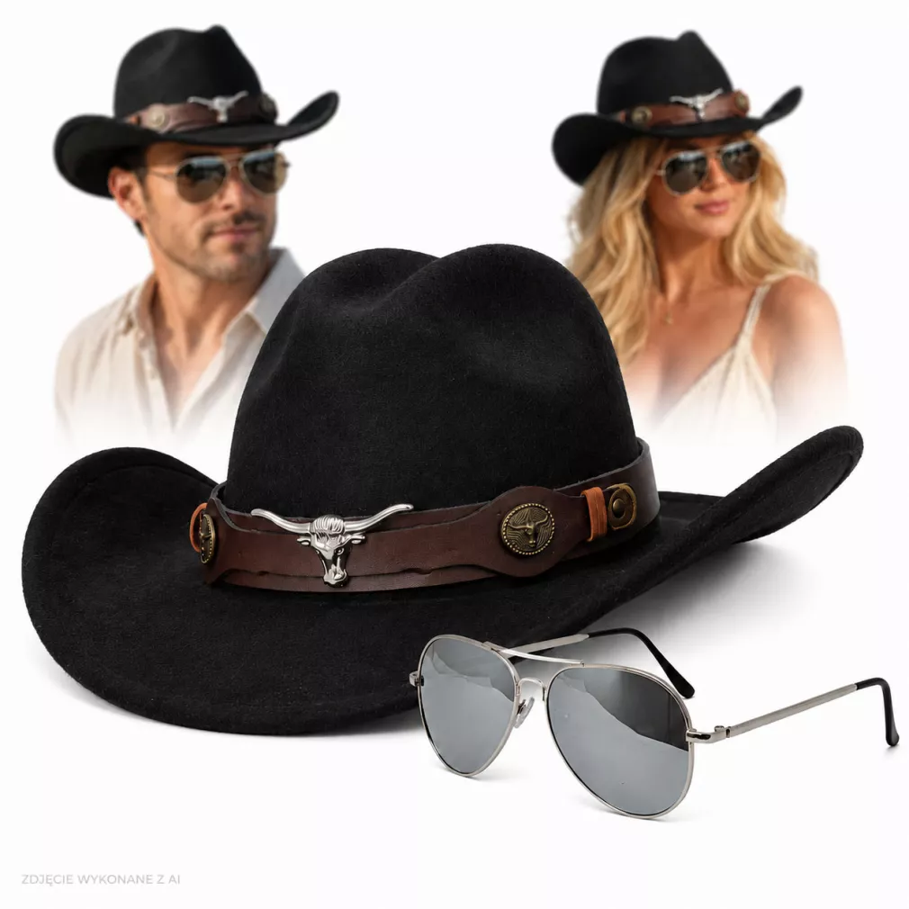 CZARNY KAPELUSZ KOWBOJSKI WESTERN + OKULARY PILOTKI ZESTAW UNISEX R260H