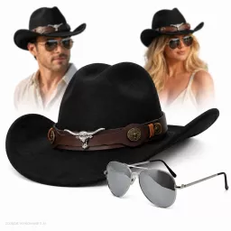 CZARNY KAPELUSZ KOWBOJSKI WESTERN + OKULARY PILOTKI ZESTAW UNISEX R260H