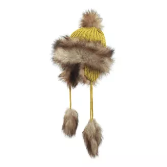 Czapka Mongołka Zimowa Dziewczęca W210I Musztardowa Uszatka Futerko Pompony - 4