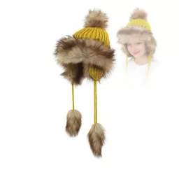 Czapka Mongołka Zimowa Dziewczęca W210I Musztardowa Uszatka Futerko Pompony