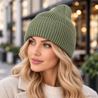 Ciepła Czapka damska beanie zielona 100% wiskoza z wywinięciem W535B - 2