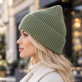Ciepła Czapka damska beanie zielona 100% wiskoza z wywinięciem W535B - 4
