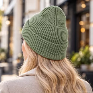 Ciepła Czapka damska beanie zielona 100% wiskoza z wywinięciem W535B - 5