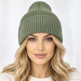 Ciepła Czapka damska beanie zielona 100% wiskoza z wywinięciem W535B - 3