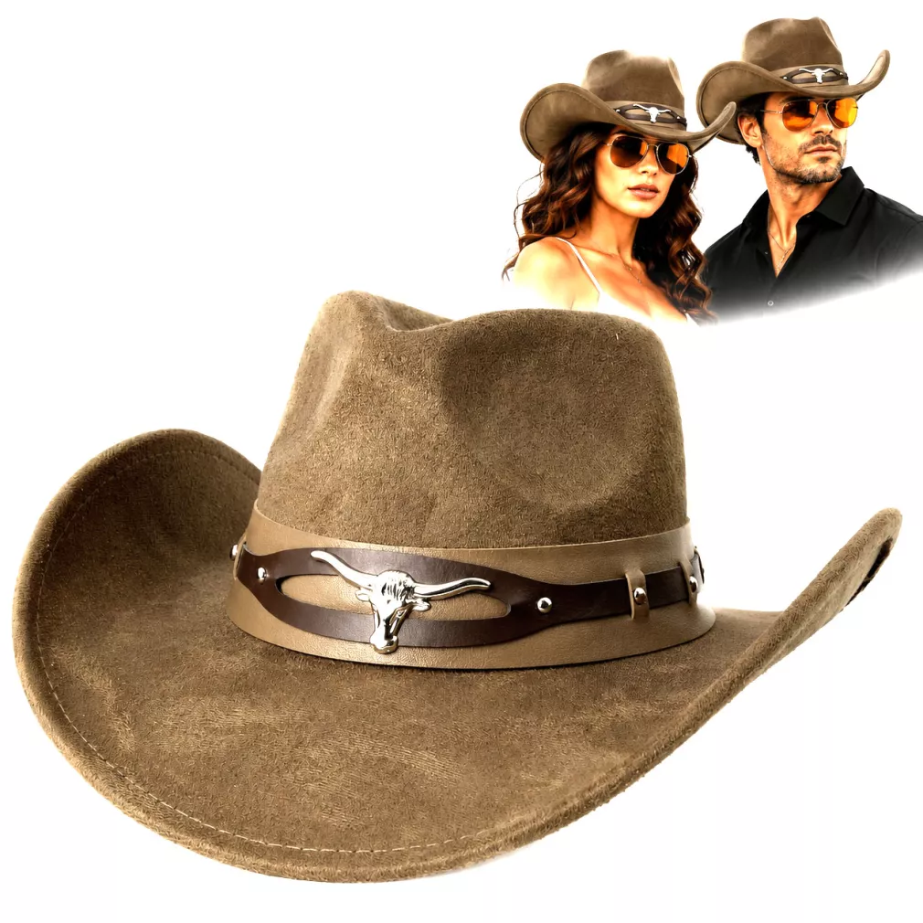 Kapelusz Kowbojski R254C Brąz + Okulary Zestaw Western Rodeo Cowboy Unisex