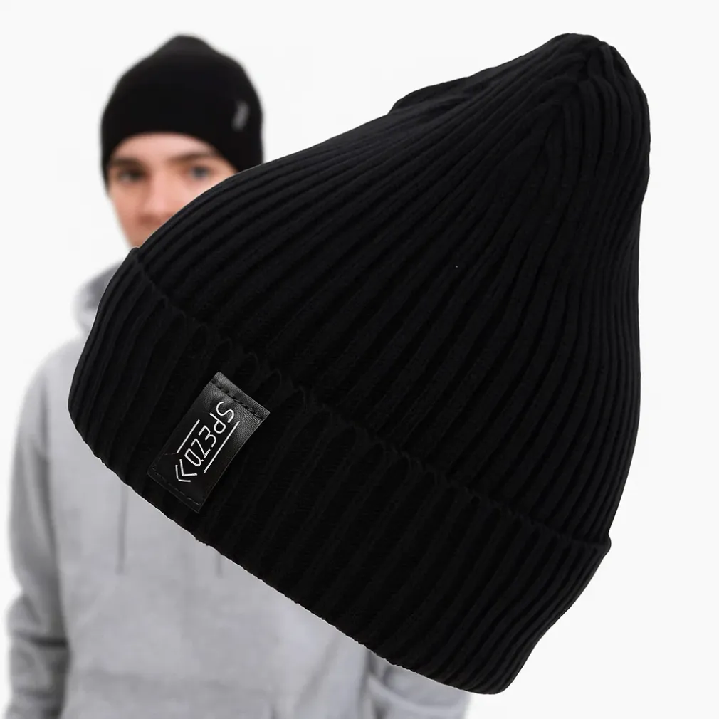 Zimowa Czapka Męska Beanie W456A Czarna Wywijana Polar Fashion