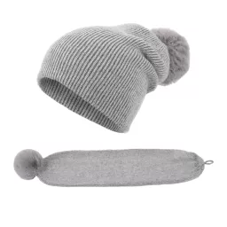 W368A Grey Polar Fashion Winter Hat With Cashmere Scarf 2-In-1