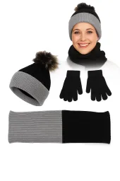 W376Ck Black-Grey Set Winter Hat Neck Scarf Gloves Wool Cashmere Pompon With Jenot Polar Fashion